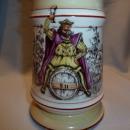 ANTIQUE GERMAN LIDDED BEER STEIN KING ON BARREL WITH LITHO BOTTOM C. 1890