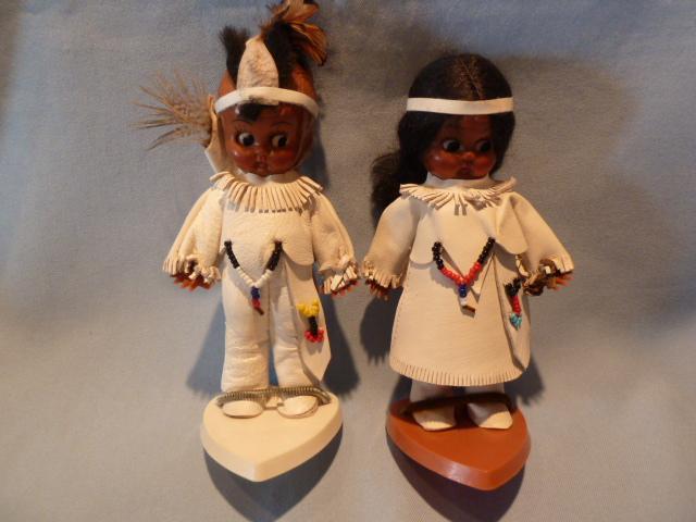 PAIR VINTAGE CARLSON DOLLS INDIAN BOY& GIRL ON STANDS