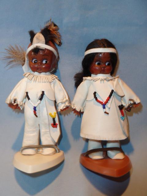 PAIR VINTAGE CARLSON DOLLS INDIAN BOY& GIRL ON STANDS