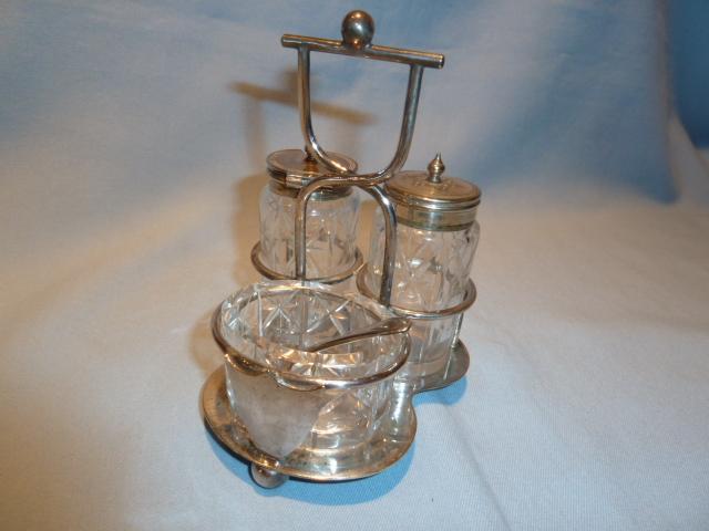 5 PIECE CASTOR SET CUT CRYSTAL & SILVER