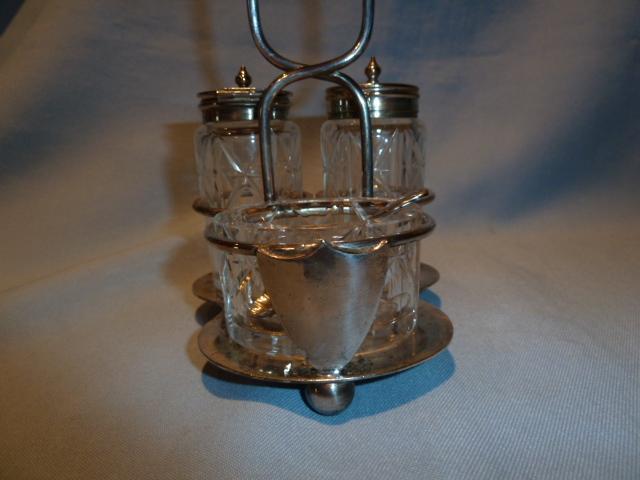 5 PIECE CASTOR SET CUT CRYSTAL & SILVER
