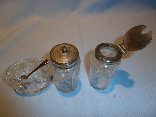 5 PIECE CASTOR SET CUT CRYSTAL & SILVER