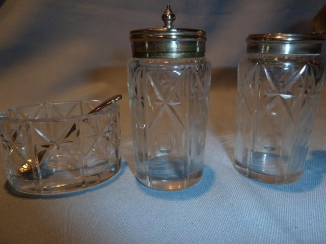 5 PIECE CASTOR SET CUT CRYSTAL & SILVER