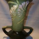 ROSEVILLE FREESIA 124-9 GREEN HANDLED VASE