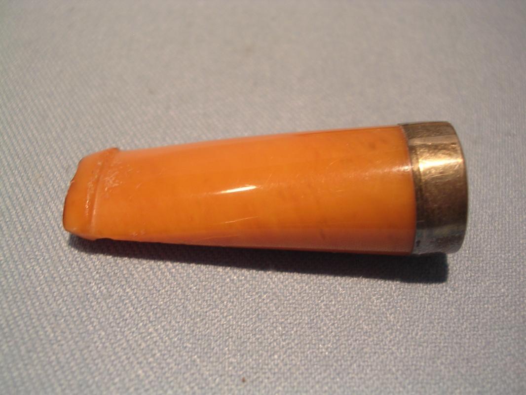 ANTIQUE CIGAR HOLDER BUTTERSCOTCH BAKELITE CATALIN, SILVER BAND, FITTED CASE
