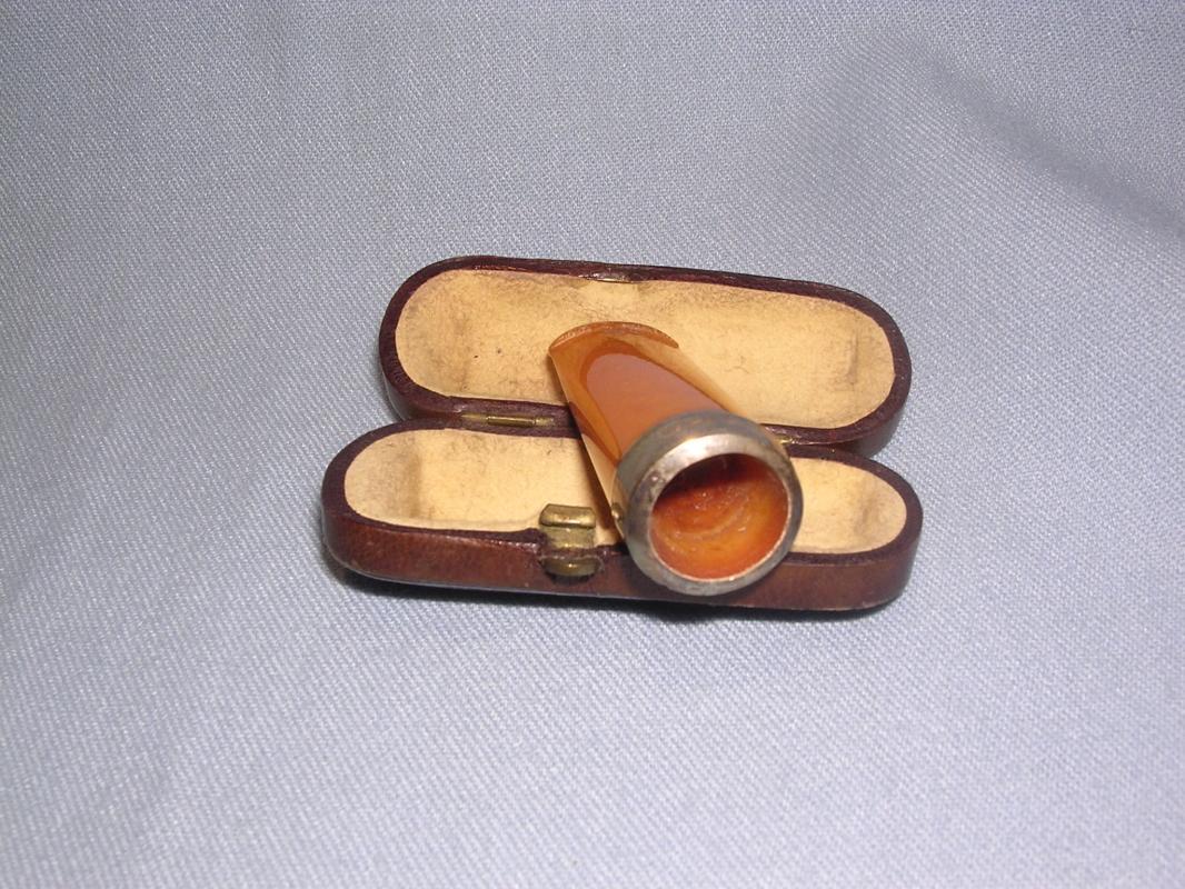 ANTIQUE CIGAR HOLDER BUTTERSCOTCH BAKELITE CATALIN, SILVER BAND, FITTED CASE