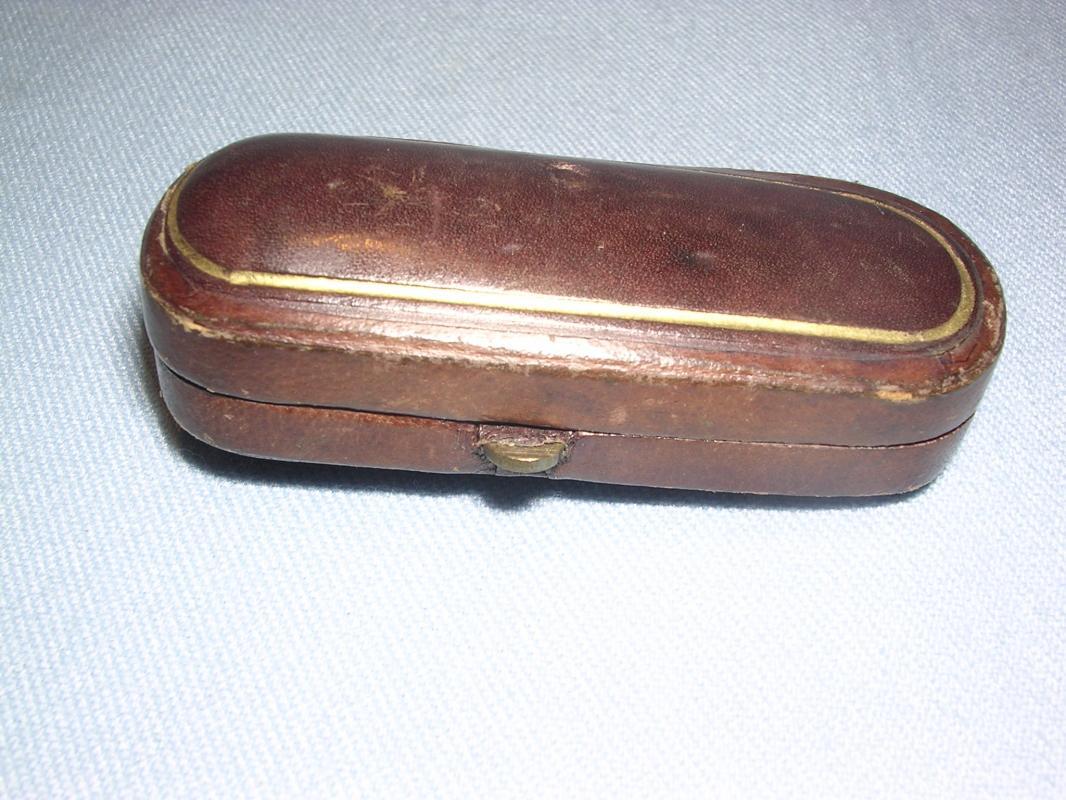 ANTIQUE CIGAR HOLDER BUTTERSCOTCH BAKELITE CATALIN, SILVER BAND, FITTED CASE
