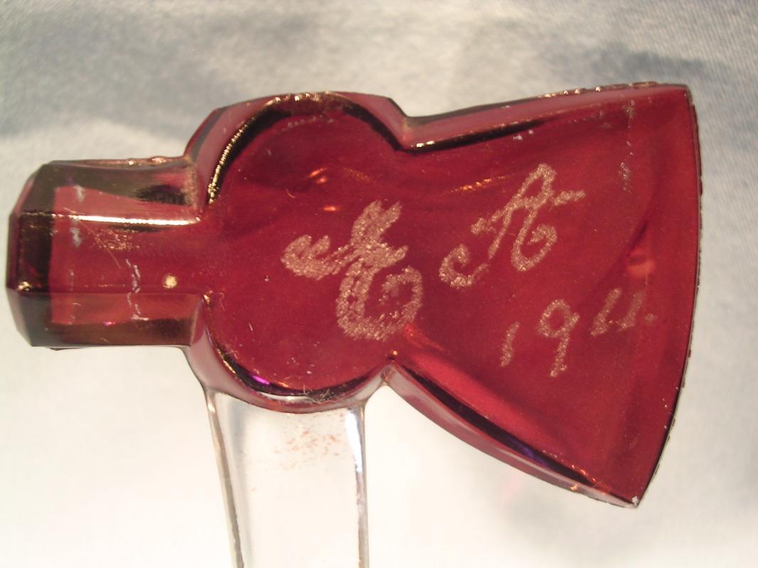 ANTIQUE FLASH GLASS HATCHET PAPER WEIGHT 1911