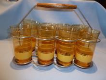 VINTAGE SET OF 8 LIBBEY AMBER TUMBLERS WITH GOLD BANDS RINGS IN CADDY