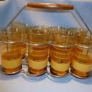 VINTAGE SET OF 8 LIBBEY AMBER TUMBLERS WITH GOLD BANDS RINGS IN CADDY