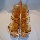 VINTAGE SET OF 8 LIBBEY AMBER TUMBLERS WITH GOLD BANDS RINGS IN CADDY