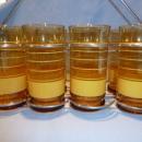 VINTAGE SET OF 8 LIBBEY AMBER TUMBLERS WITH GOLD BANDS RINGS IN CADDY