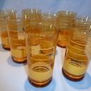 VINTAGE SET OF 8 LIBBEY AMBER TUMBLERS WITH GOLD BANDS RINGS IN CADDY