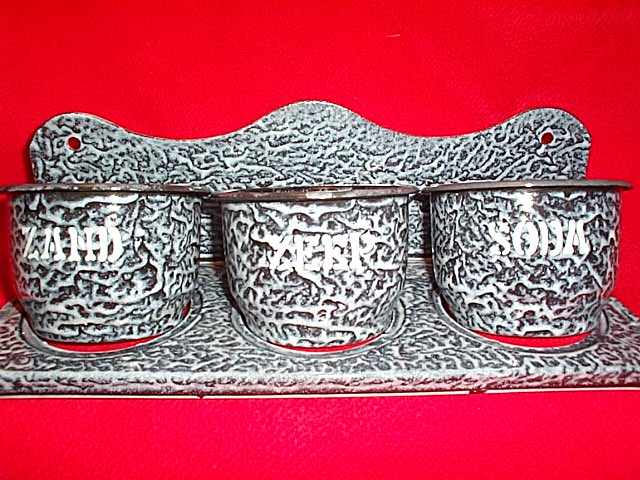 Gray Grey Mottled ZAND ZEEP and SODA Graniteware Enamel Laundry Set