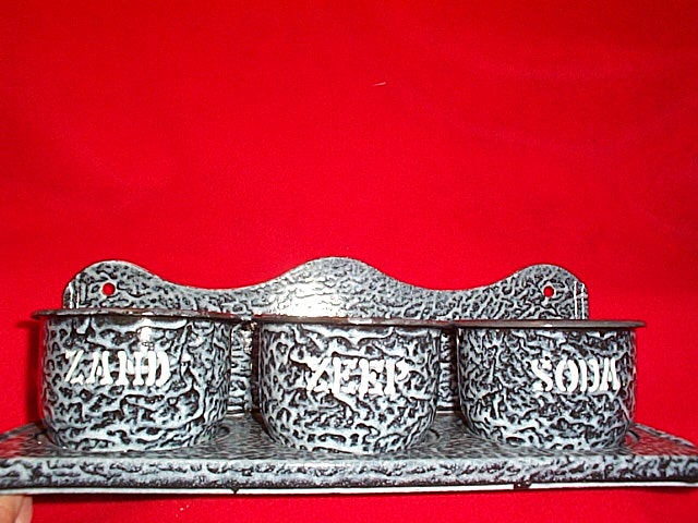 Gray Grey Mottled ZAND ZEEP and SODA Graniteware Enamel Laundry Set