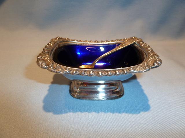 ANTIQUE SILVER PLATE AND COBALT 3 PC MASTER SALT WITH SPOON ENGLISH
