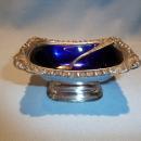 ANTIQUE SILVER PLATE AND COBALT 3 PC MASTER SALT WITH SPOON ENGLISH