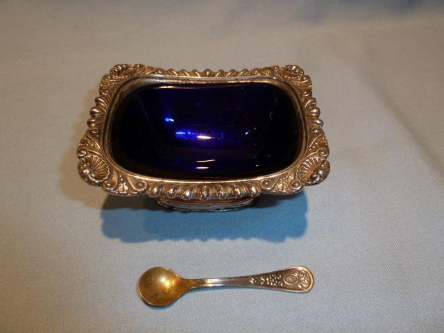 ANTIQUE SILVER PLATE AND COBALT 3 PC MASTER SALT WITH SPOON ENGLISH