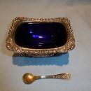ANTIQUE SILVER PLATE AND COBALT 3 PC MASTER SALT WITH SPOON ENGLISH