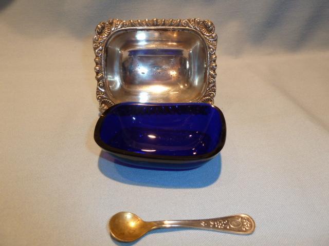 ANTIQUE SILVER PLATE AND COBALT 3 PC MASTER SALT WITH SPOON ENGLISH
