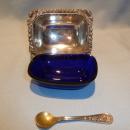 ANTIQUE SILVER PLATE AND COBALT 3 PC MASTER SALT WITH SPOON ENGLISH