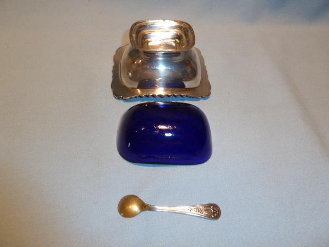 ANTIQUE SILVER PLATE AND COBALT 3 PC MASTER SALT WITH SPOON ENGLISH