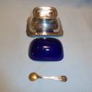 ANTIQUE SILVER PLATE AND COBALT 3 PC MASTER SALT WITH SPOON ENGLISH