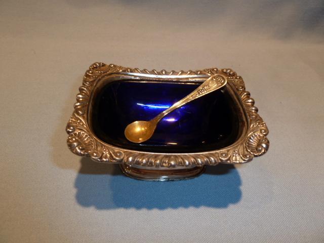 ANTIQUE SILVER PLATE AND COBALT 3 PC MASTER SALT WITH SPOON ENGLISH
