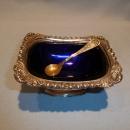 ANTIQUE SILVER PLATE AND COBALT 3 PC MASTER SALT WITH SPOON ENGLISH