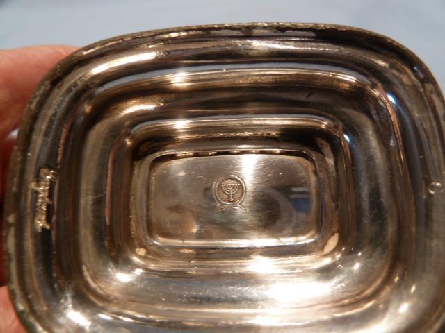 ANTIQUE SILVER PLATE AND COBALT 3 PC MASTER SALT WITH SPOON ENGLISH