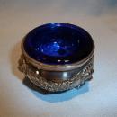VINTAGE SILVER PLATE FOOTED OPEN SALT WITH COBALT BLUE LINER