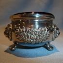 VINTAGE SILVER PLATE FOOTED OPEN SALT WITH COBALT BLUE LINER