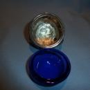 VINTAGE SILVER PLATE FOOTED OPEN SALT WITH COBALT BLUE LINER