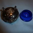 VINTAGE SILVER PLATE FOOTED OPEN SALT WITH COBALT BLUE LINER