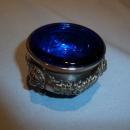 VINTAGE SILVER PLATE FOOTED OPEN SALT WITH COBALT BLUE LINER