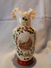 BEAUTIFUL AND RARE BRISTOL HAND PAINTED SCENE RUFFLE TOP VASE
