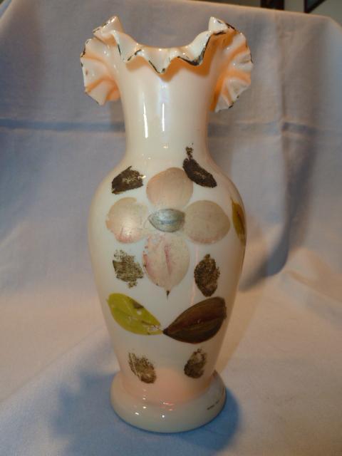 BEAUTIFUL AND RARE BRISTOL HAND PAINTED PINK FLORAL RUFFLE TOP VASE