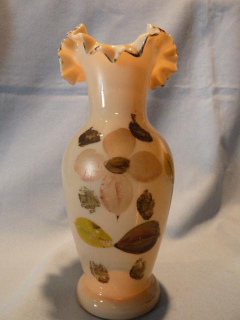 BEAUTIFUL AND RARE BRISTOL HAND PAINTED PINK FLORAL RUFFLE TOP VASE