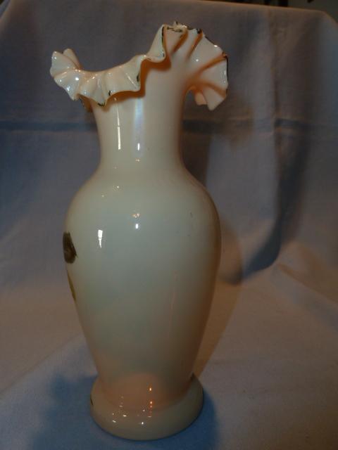 BEAUTIFUL AND RARE BRISTOL HAND PAINTED PINK FLORAL RUFFLE TOP VASE