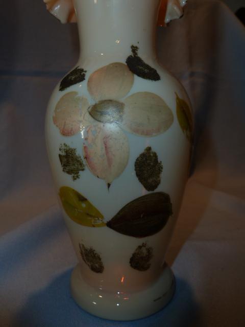 BEAUTIFUL AND RARE BRISTOL HAND PAINTED PINK FLORAL RUFFLE TOP VASE