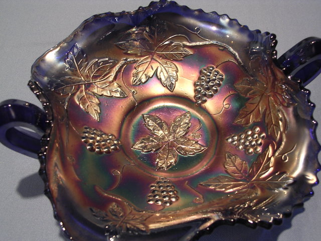 DUGAN VINTAGE GRAPE BLUE CARNIVAL GLASS SQUARE BON BON
