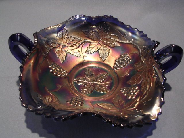 DUGAN VINTAGE GRAPE BLUE CARNIVAL GLASS SQUARE BON BON