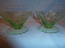 BEAUTIFUL GREEN DEPRESSION ETCHED FOOTED SHERBETS SET OF TWO (2)