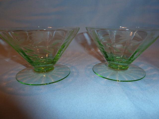 BEAUTIFUL GREEN DEPRESSION ETCHED FOOTED SHERBETS SET OF TWO (2)