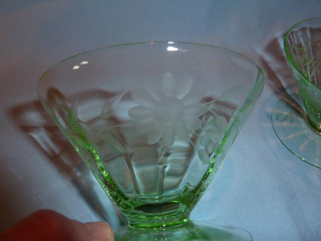 BEAUTIFUL GREEN DEPRESSION ETCHED FOOTED SHERBETS SET OF TWO (2)