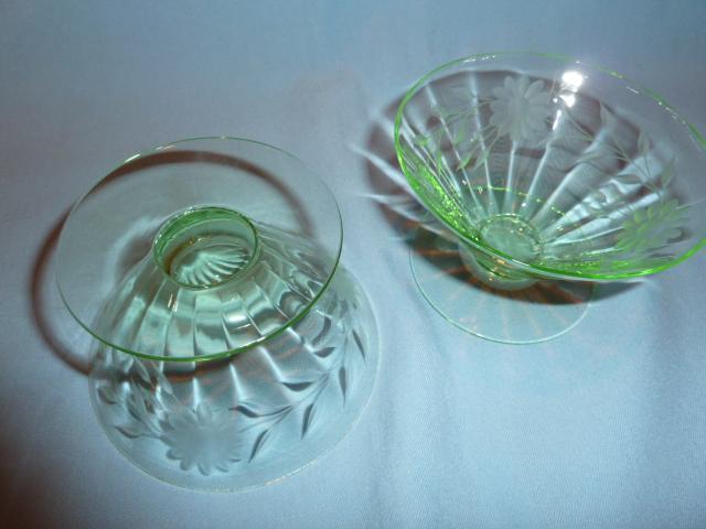 BEAUTIFUL GREEN DEPRESSION ETCHED FOOTED SHERBETS SET OF TWO (2)