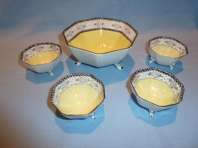 ANTIQUE NIPPON MORIMURA 5 PC OCTAGON SHAPE NUT SERVING SET YELLOW