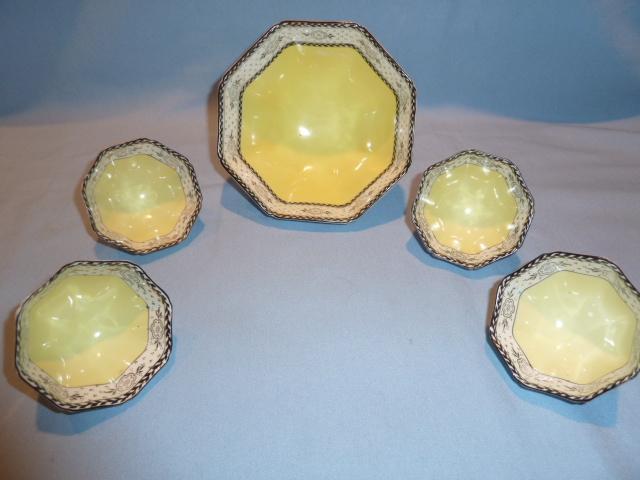 ANTIQUE NIPPON MORIMURA 5 PC OCTAGON SHAPE NUT SERVING SET YELLOW