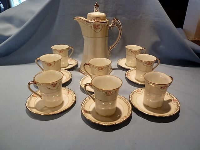BEAUTIFUL NIPPON EIGHTEEN PIECE CHOCOLATE POT WITH DEMI CUPS AND SAUCERS