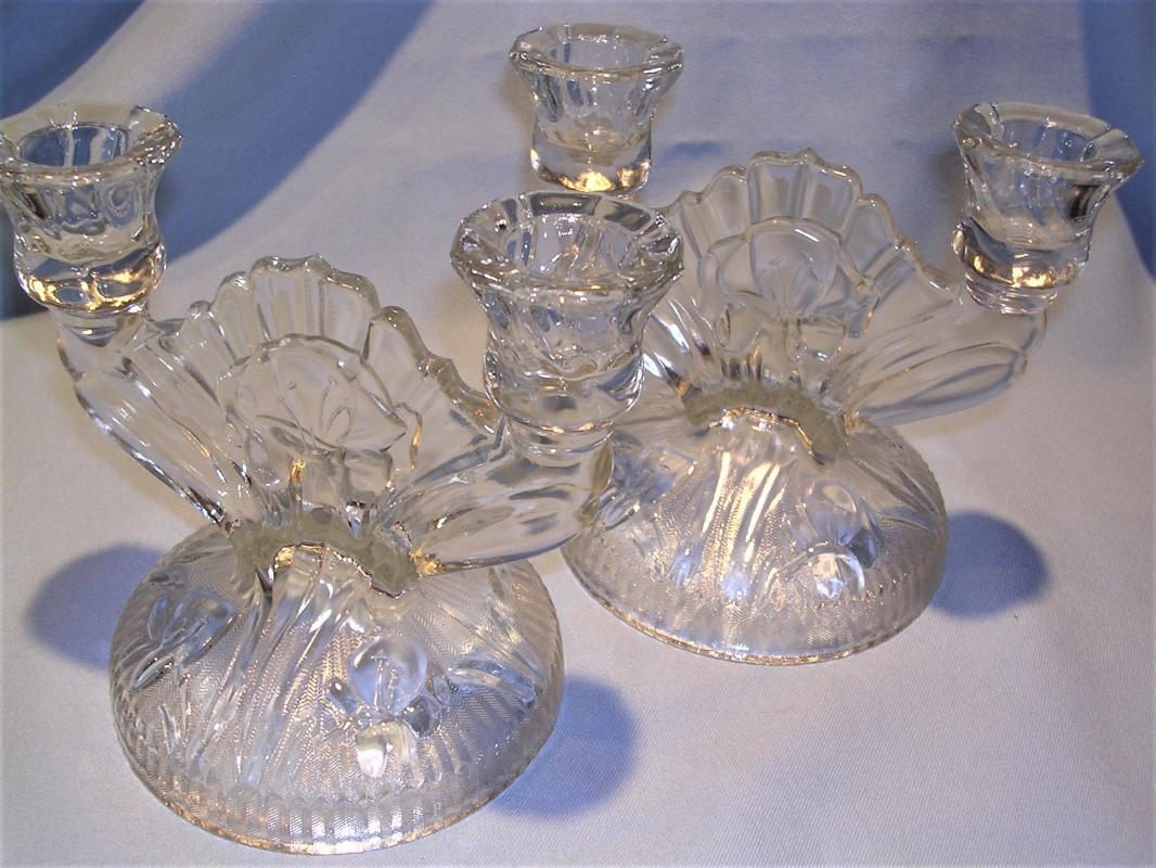 JEANNETTE IRIS & HERRINGBONE PAIR DOUBLE LIGHT CANDLESTICKS